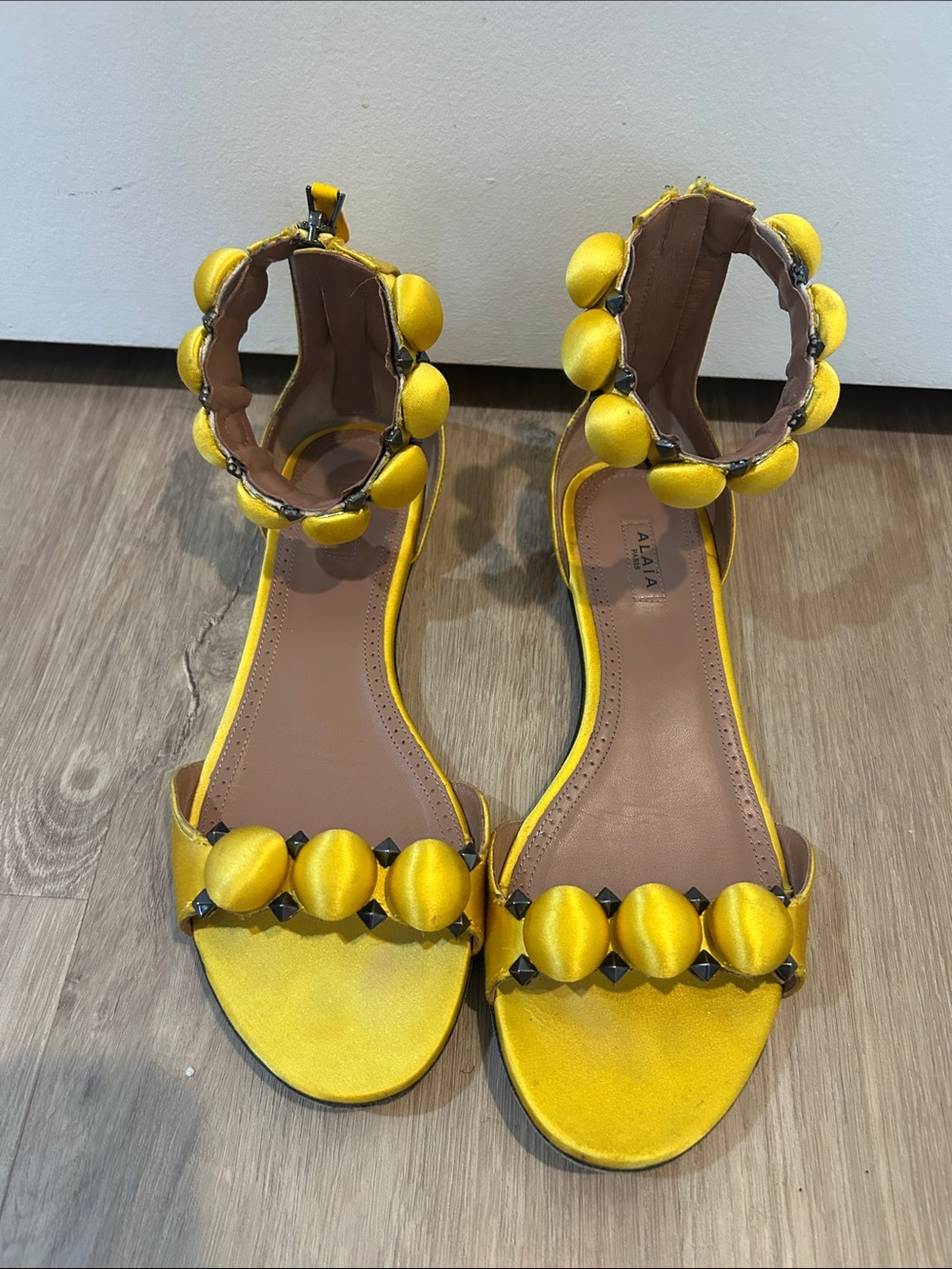 Alaia Paris Satin Yellow Beaded Ankle-Strap Sandals